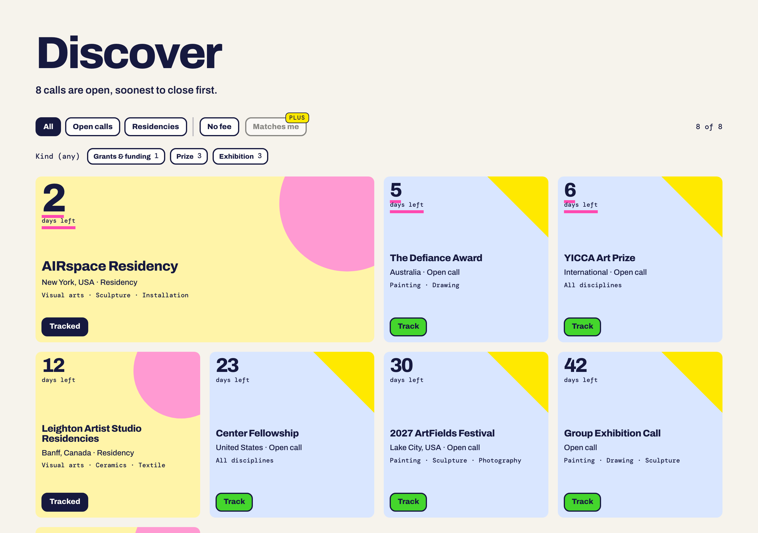 The Discover page with filters and call tiles