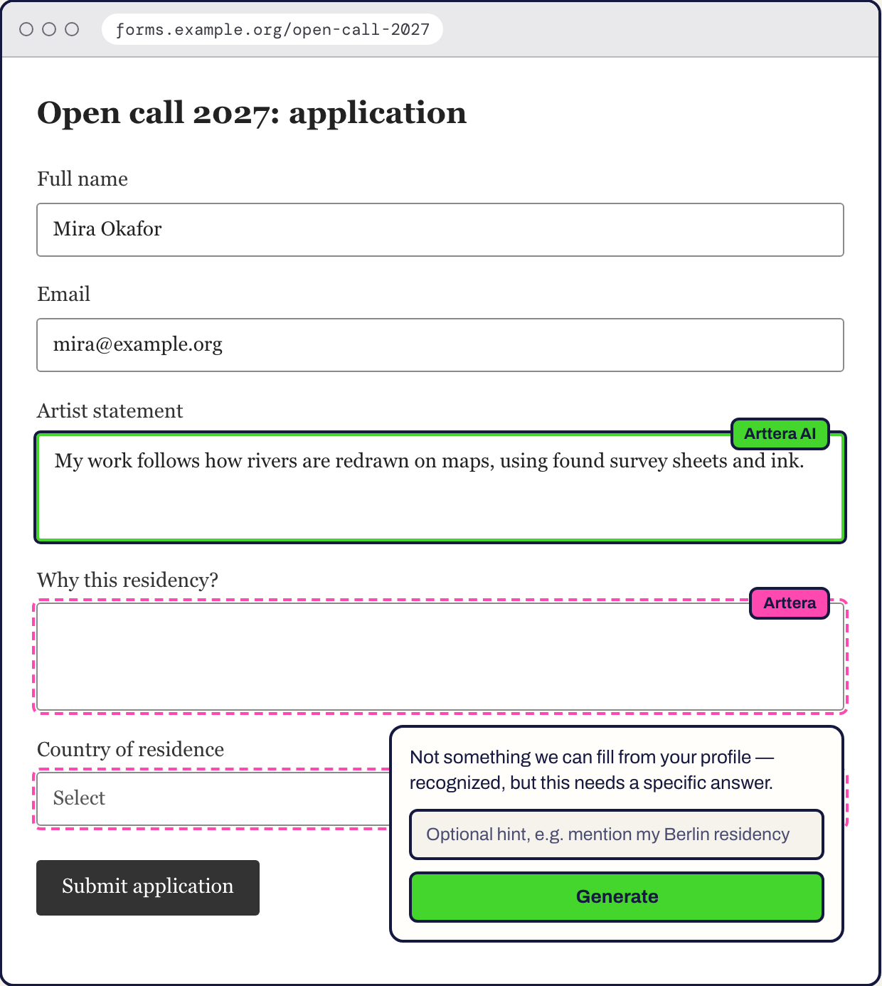 A third-party application form after Fill, with a green Arttera AI field and a pink dashed field