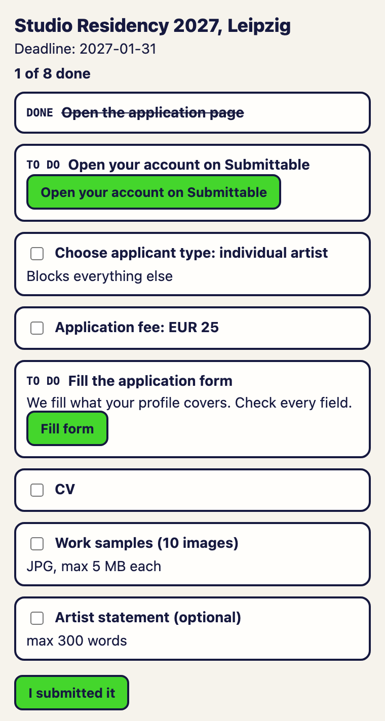 The application panel for a sample call that needs a Submittable account