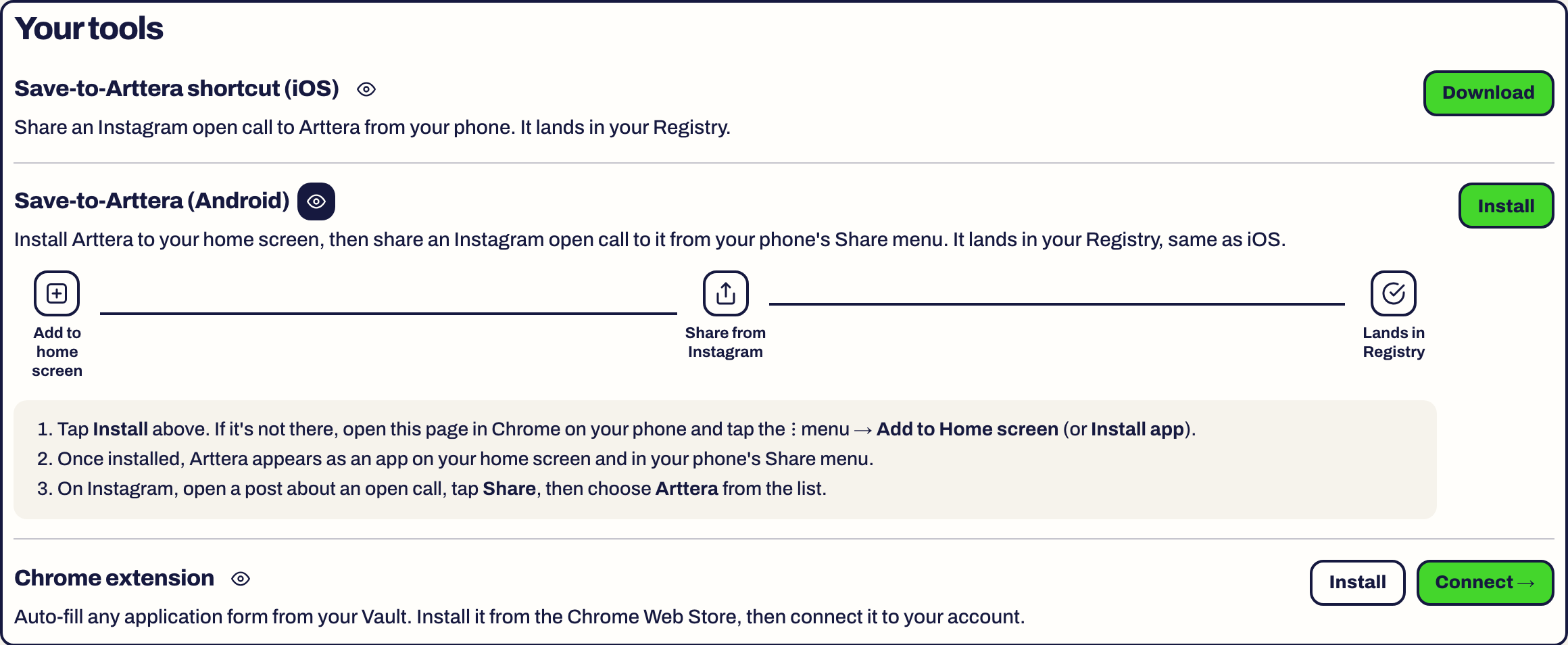 The Save-to-Arttera Android row opened, with its three-step how-to