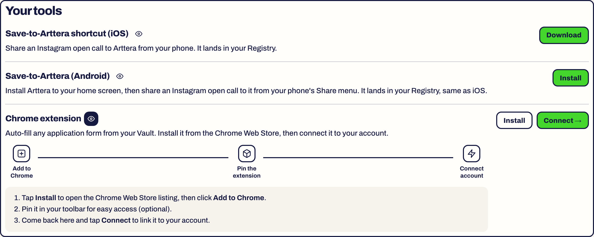 The Chrome extension row in Settings with Install and Connect buttons