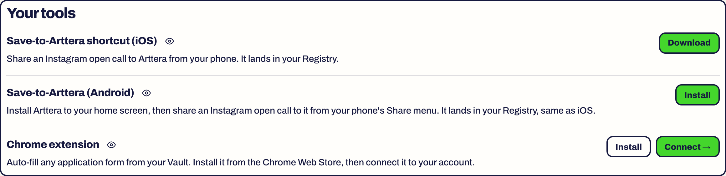Your tools card in Settings, with the iOS shortcut, the Android install and the Chrome extension